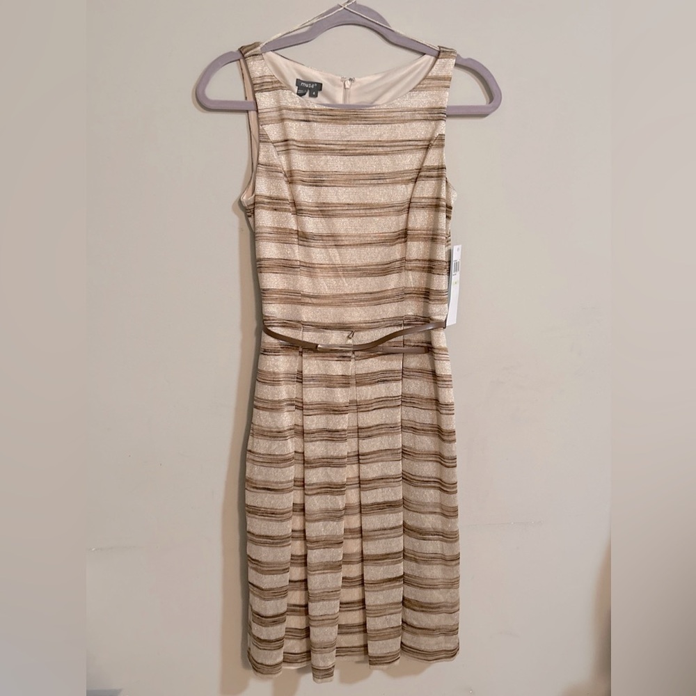 Muse Lined Women's Dress Stripped Ivory, Brown & Metallic Gold Size 4 Belted NWT